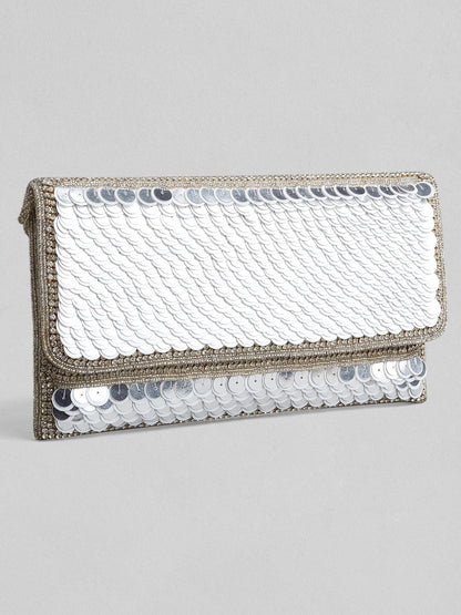 Rubans Silver Colour Clutch With Embroided Silver Design. Handbag &amp; Wallet Accessories