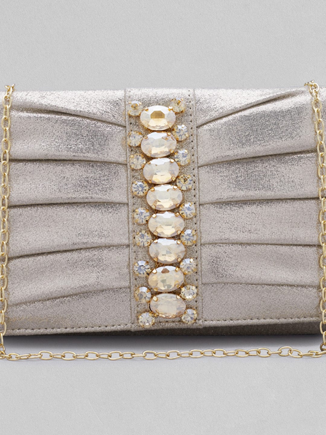 Rubans Silver Coloured Clutch Bag With Studded Stone Design Handbag &amp; Wallet Accessories