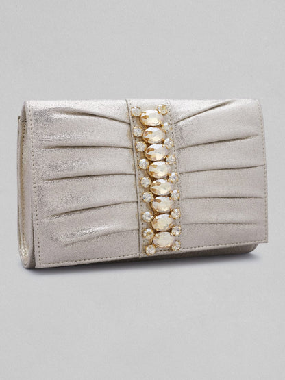 Rubans Silver Coloured Clutch Bag With Studded Stone Design Handbag &amp; Wallet Accessories