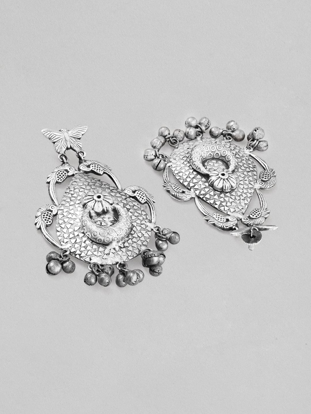 Rubans Silver Oxidised Drop Earrings With Butterfly Design And Silver Beads Earrings