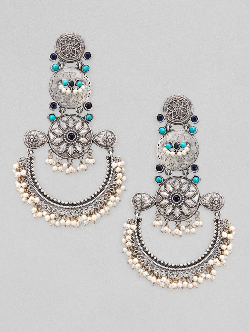 Rubans Silver Oxidised Drop Earrings With Studded Blue Stones And Pearls