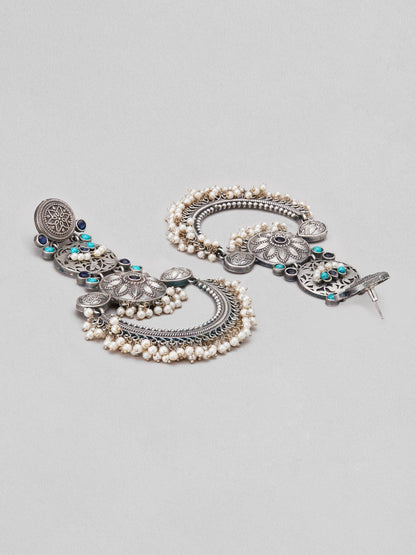 Rubans Silver Oxidised Drop Earrings With Studded Blue Stones And Pearls Earrings
