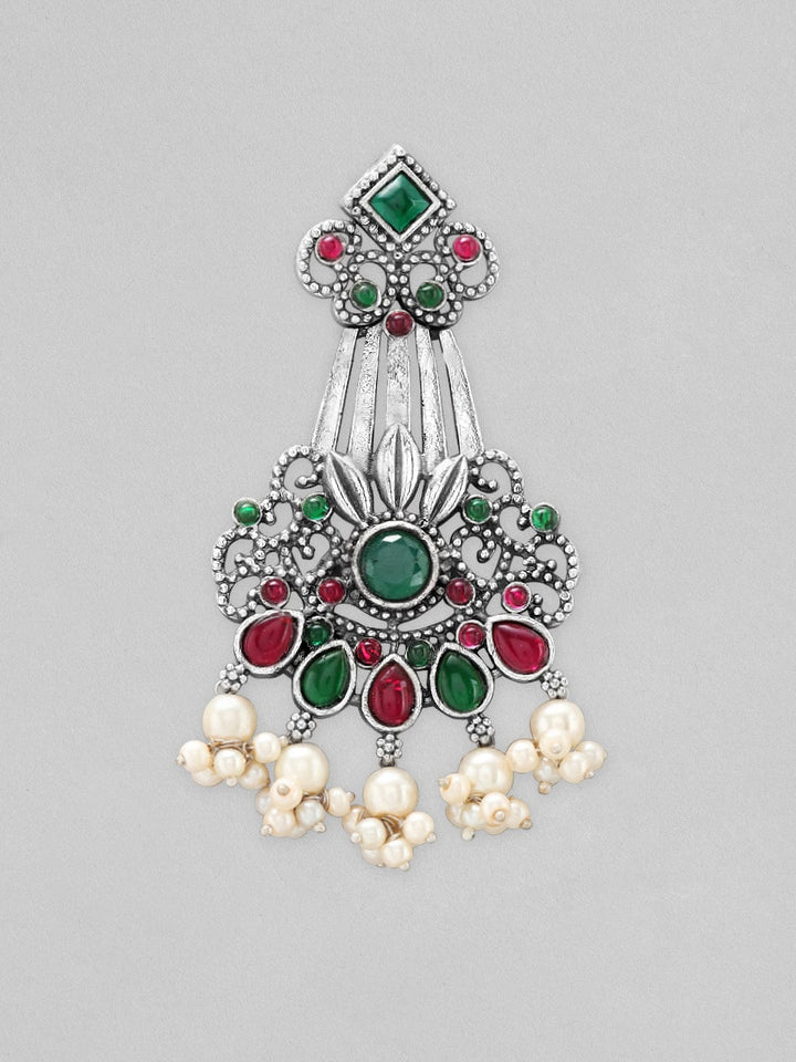 Rubans Silver Oxidised Drop Earrings With Studded Pink And Green Stones Earrings