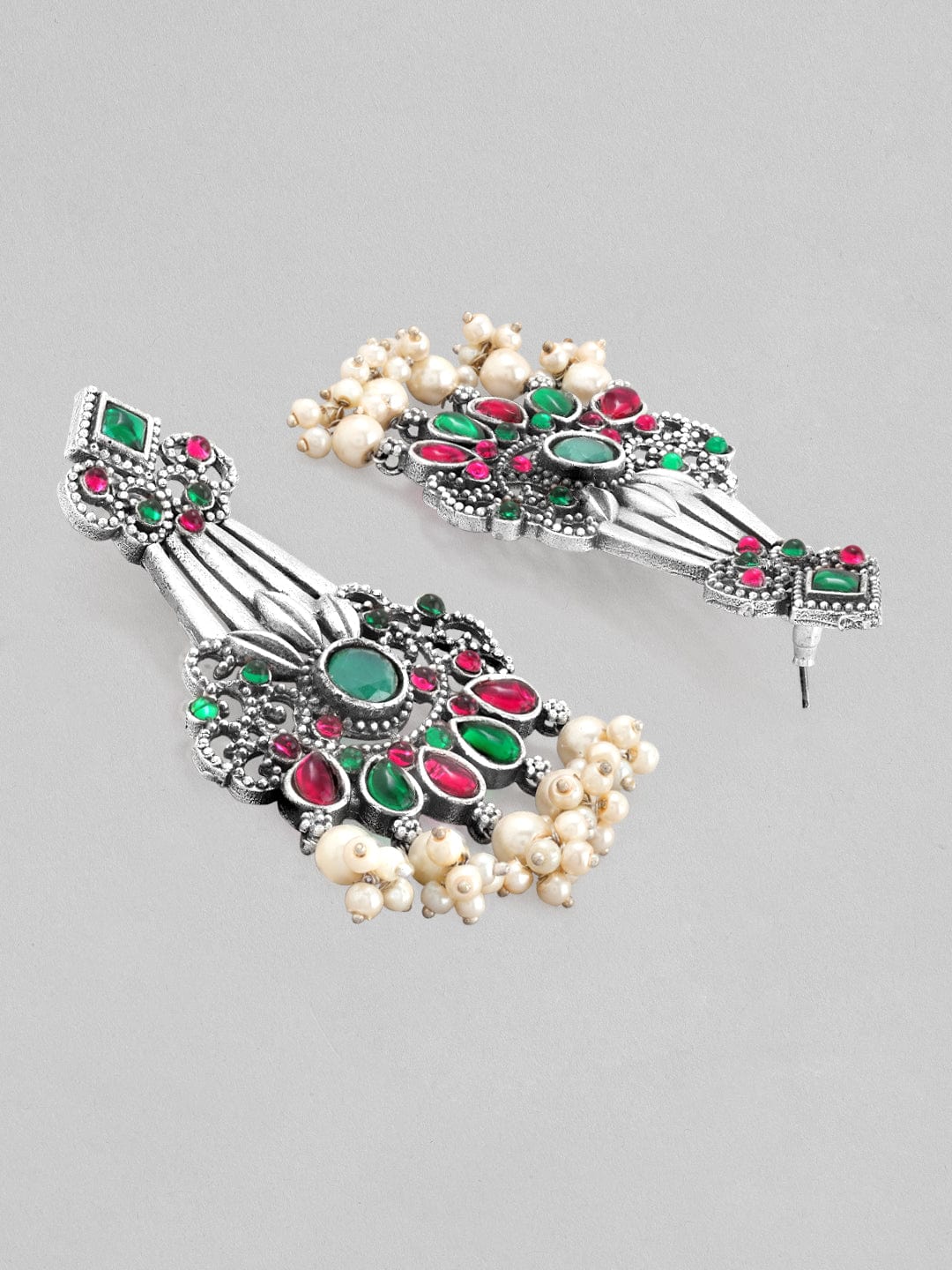Rubans Silver Oxidised Drop Earrings With Studded Pink And Green Stones Earrings