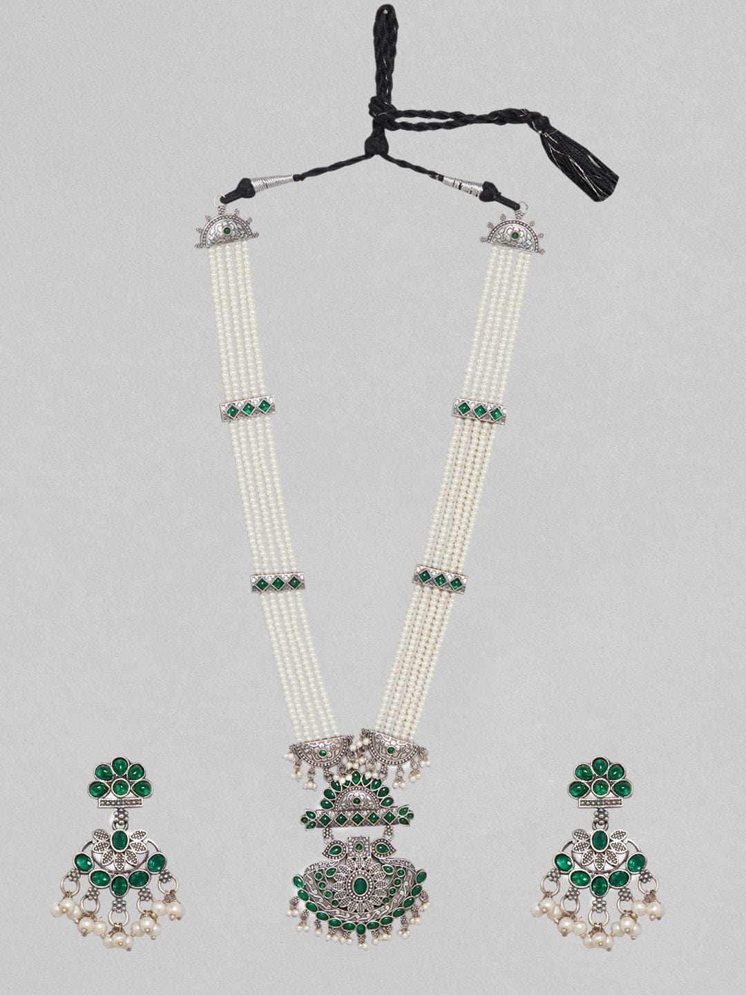 Rubans Silver Oxidised Necklace Set With Studded Green Stones Necklace Set