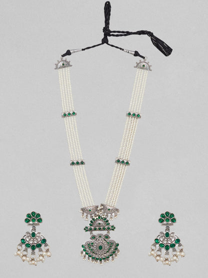 Rubans Silver Oxidised Necklace Set With Studded Green Stones Necklace Set