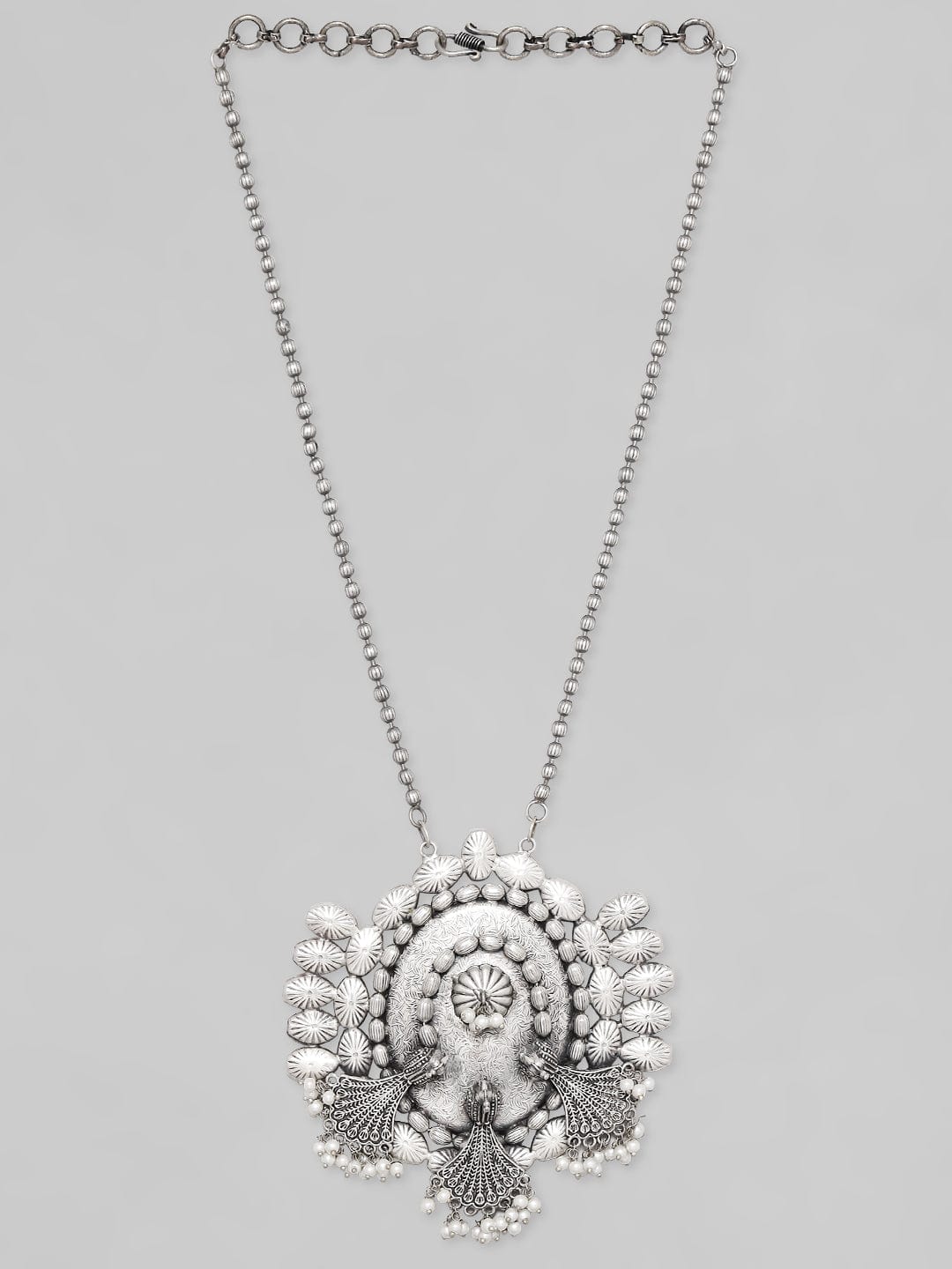 Rubans Silver Oxidised Necklace With Elegant Peacock Design Chain & Necklaces