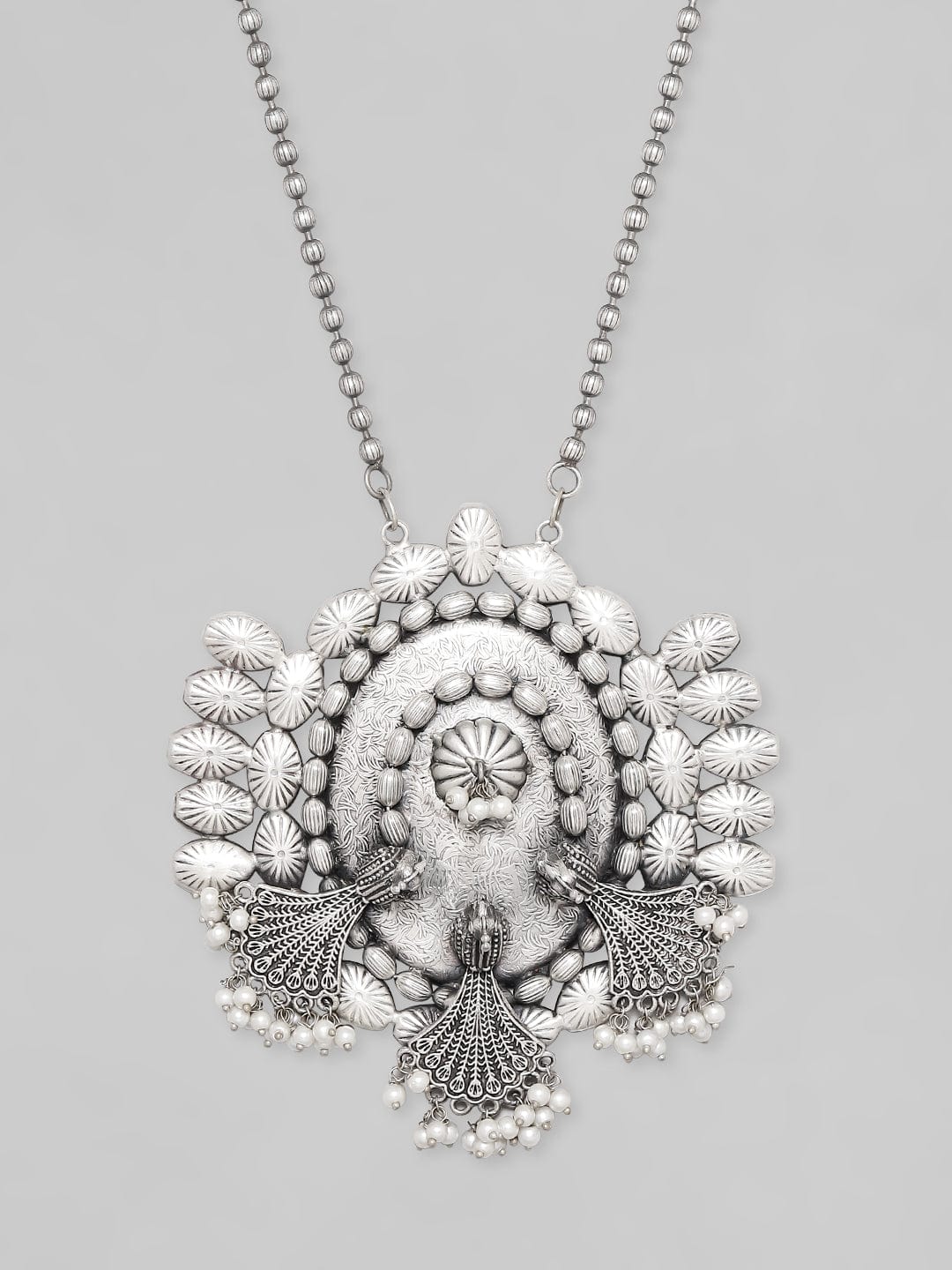 Rubans Silver Oxidised Necklace With Elegant Peacock Design Chain &amp; Necklaces