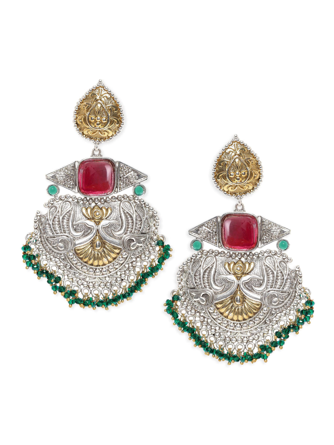 Rubans Silver Oxidized & Gold Plated Ruby Studded Green Beaded Chandbali Earrings Earrings