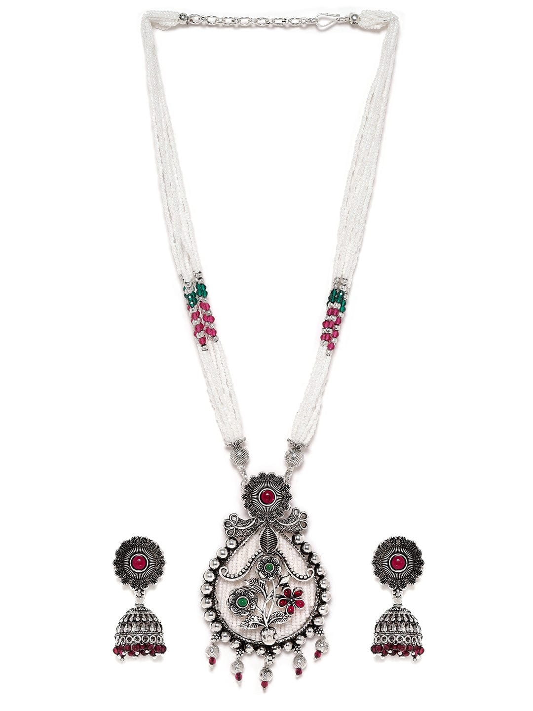 Rubans Silver Oxidized Pink &amp; Green Pearl Beaded Necklace Set Jewellery Sets