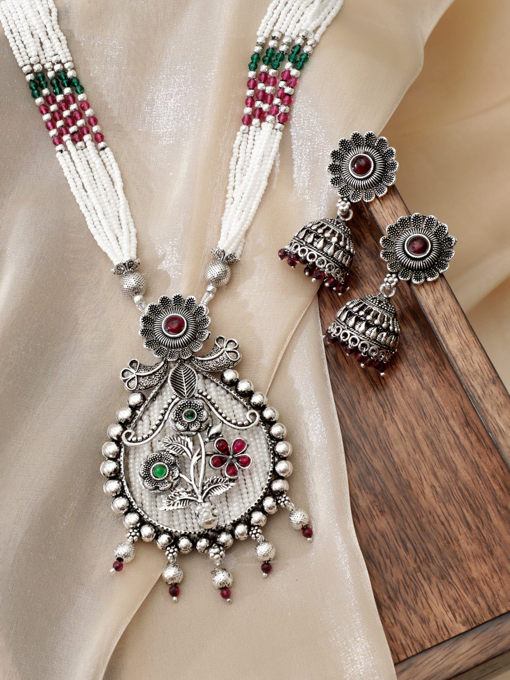 Rubans Silver Oxidized Pink & Green Pearl Beaded Necklace Set Jewellery Sets