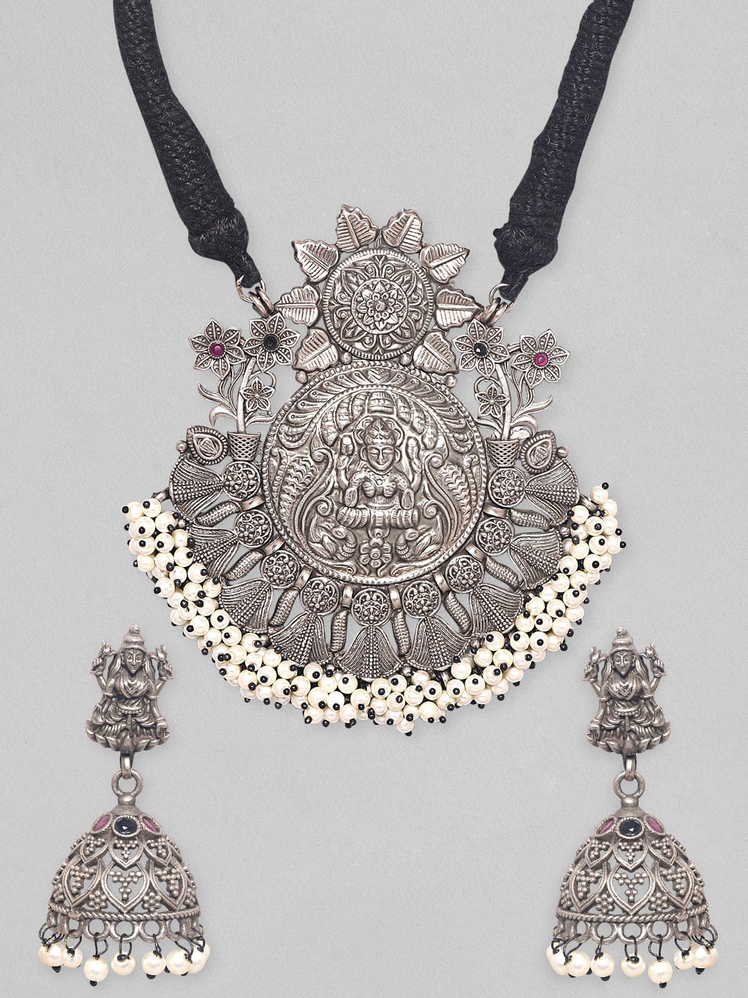 Rubans Silver Oxidized Plated Contemprory Temple Motif Pearl Beaded Statement Jewellery Set. Necklace Set