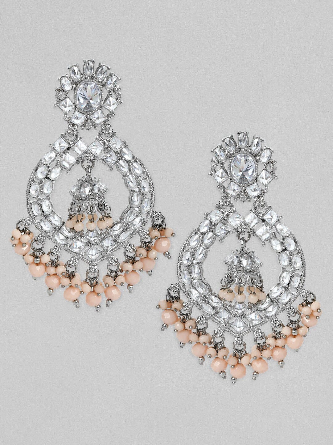 Rubans Silver Plated Handcrafted AD Studded &amp; Orange Beads Chandbali Earrings Earrings
