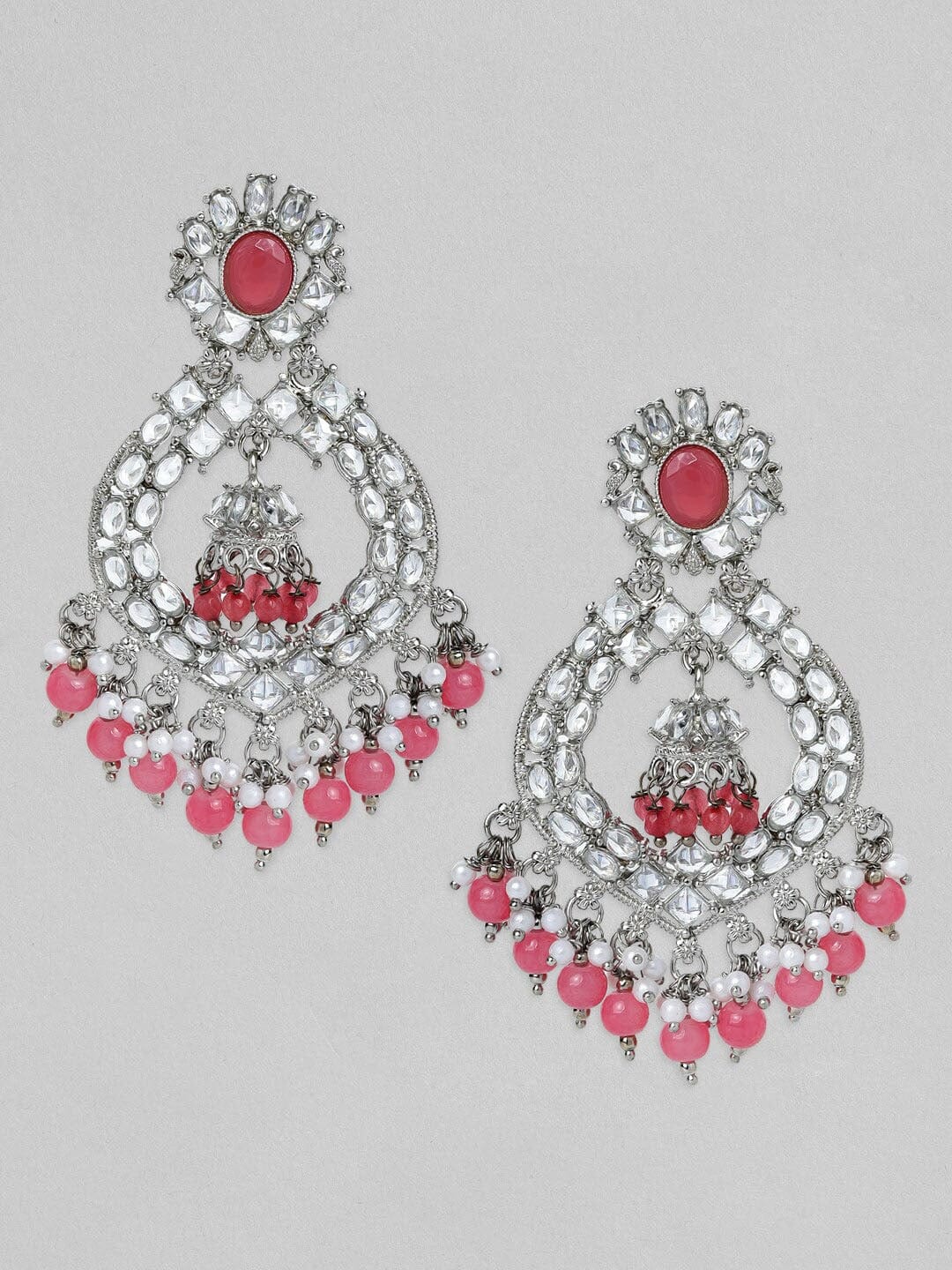 Rubans Silver Plated Handcrafted AD Studded & Pink Beads Chandbali Earrings Earrings