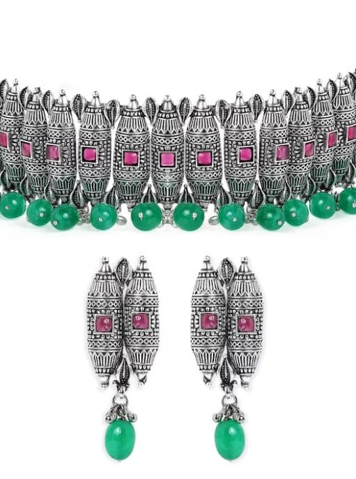 Rubans Silver Plated Handcrafted Green Beads Choker Set Necklace Set