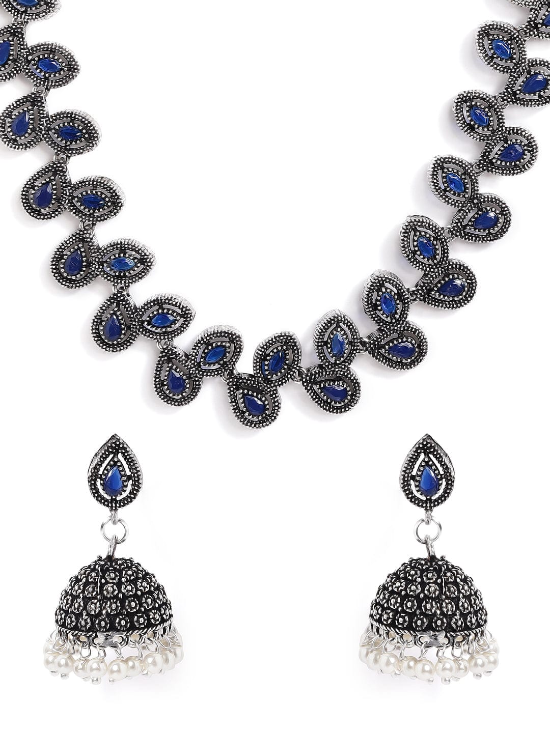 Rubans Silver Plated Handcrafted Oxidised Blue Stone Necklace Set Necklace Set