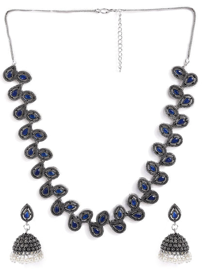 Rubans Silver Plated Handcrafted Oxidised Blue Stone Necklace Set Necklace Set