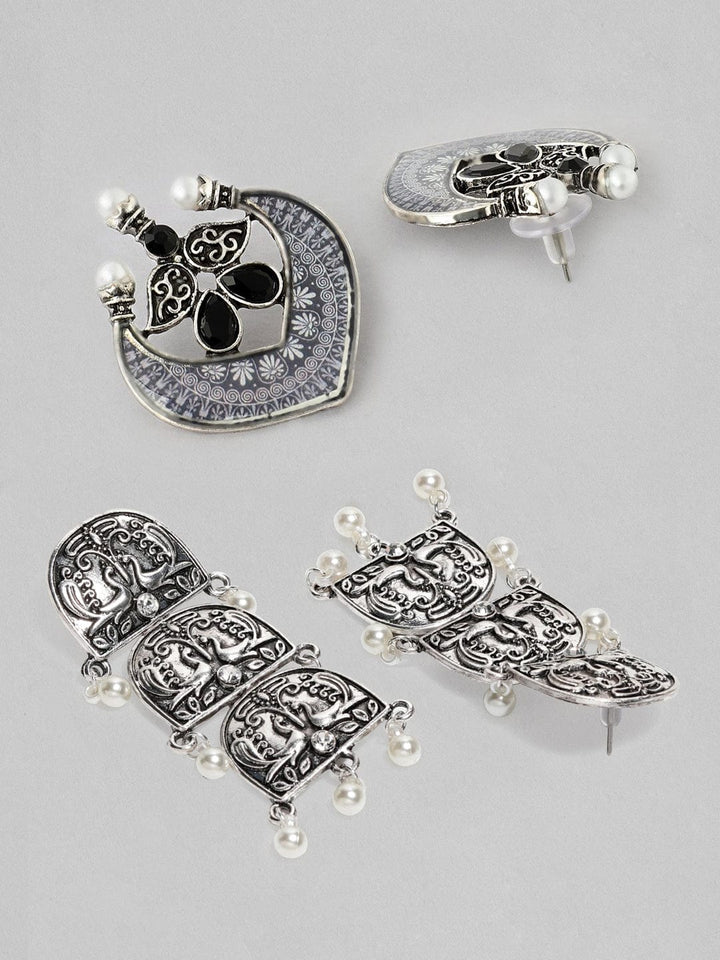 Rubans Silver Plated Handcrafted  Peacock Drop & Stud Set of 2 Earrings Earrings