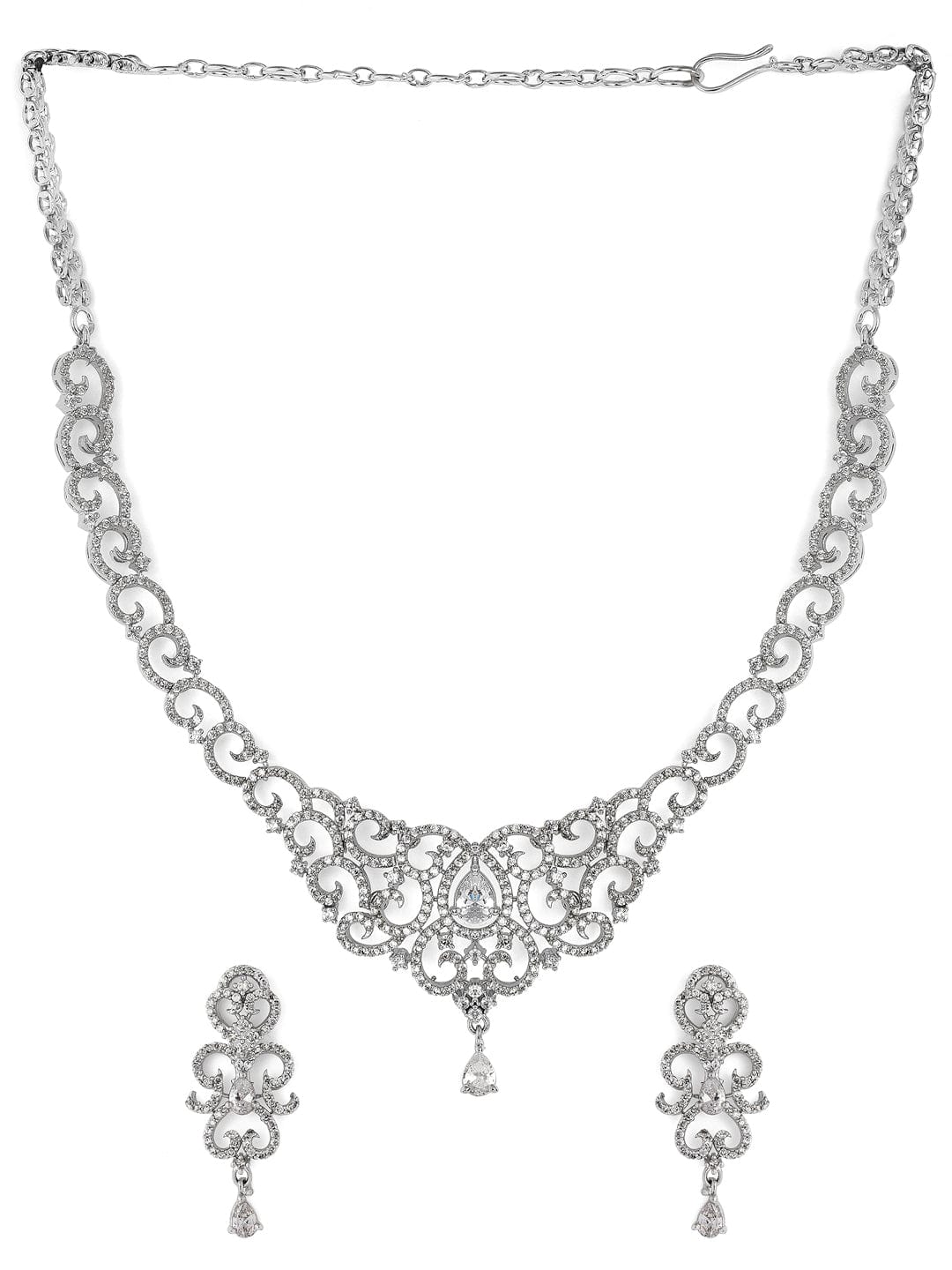 Rubans Silver Plated Handcrafted Zircon Stone Studded Necklace Set Necklace Set