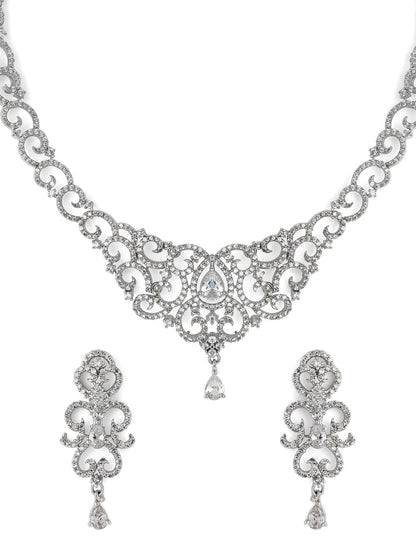 Rubans Silver Plated Handcrafted Zircon Stone Studded Necklace Set Necklace Set