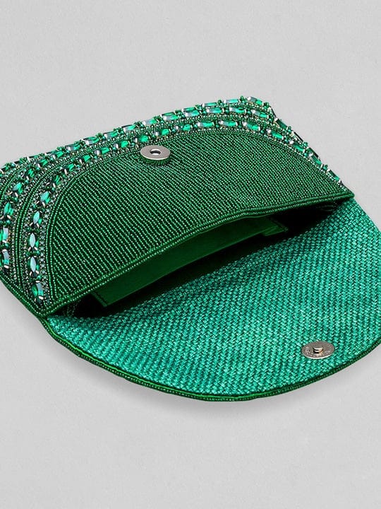 Rubans Silver Plated Necklace Set With Emerald Stone, Beads, AD and Handbag Necklace Set & Handbag Combo