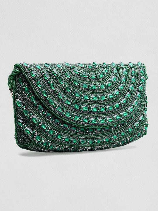 Rubans Silver Plated Necklace Set With Emerald Stone, Beads, AD and Handbag Necklace Set & Handbag Combo