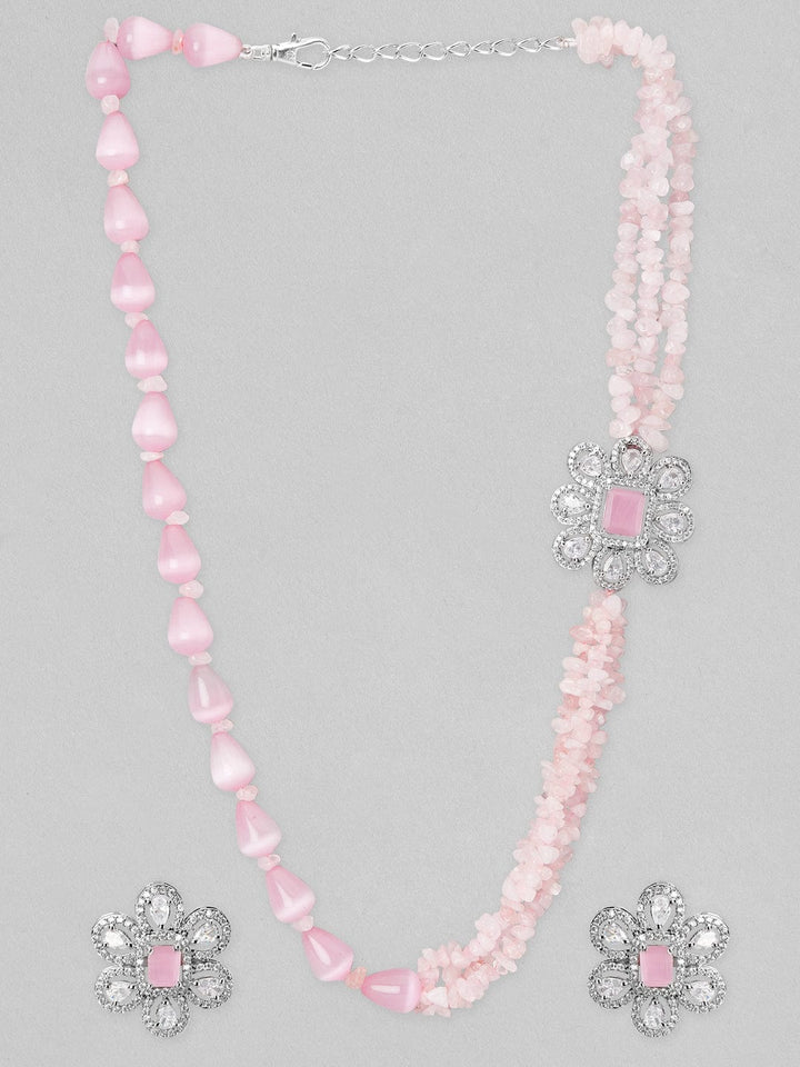 Rubans Silver Plated Necklace Set With Pink Beads And Studded AD Necklace Set