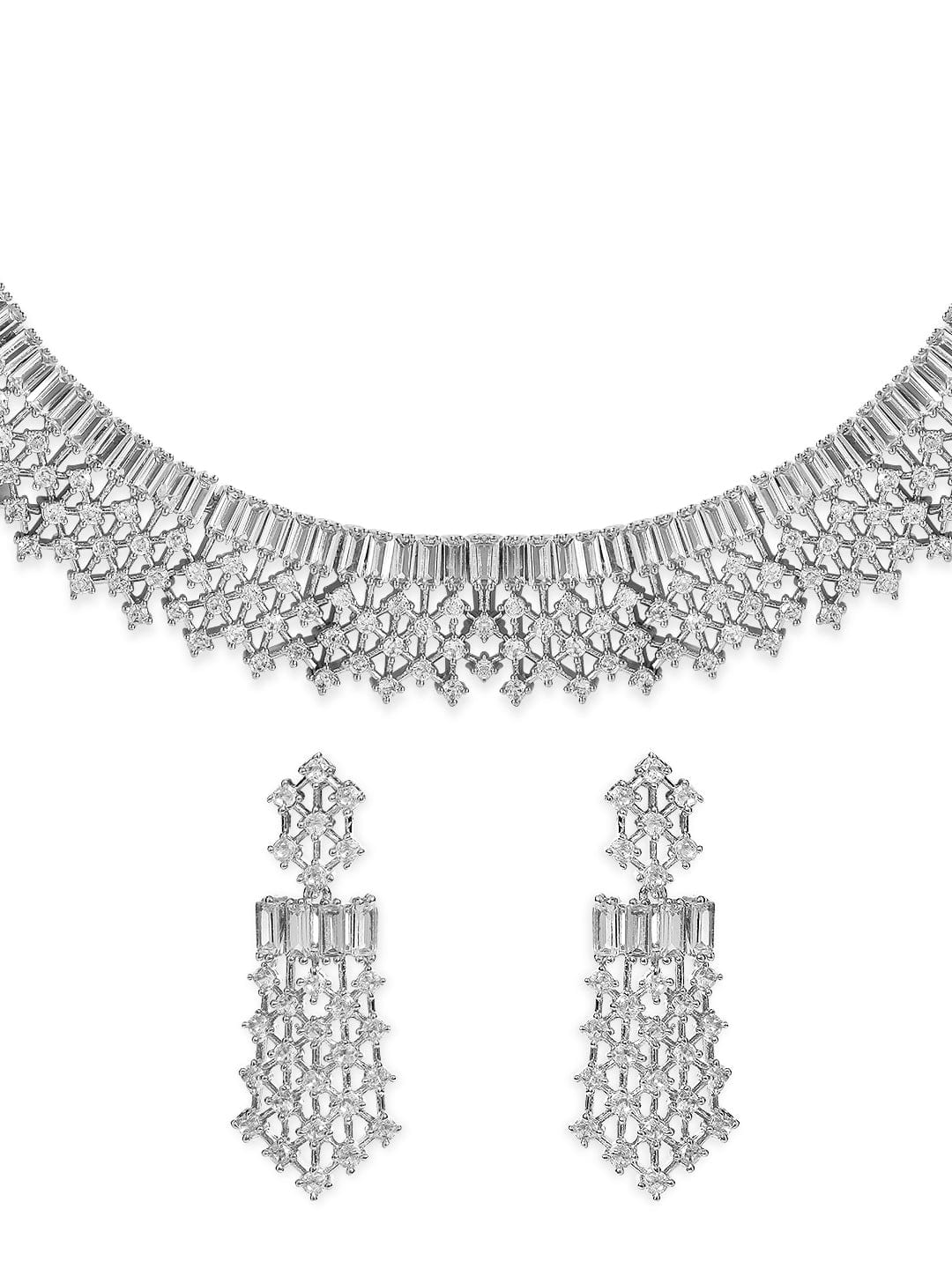 Rubans Silver Plated Necklace Set With Studded American Diamonds. Necklace Set
