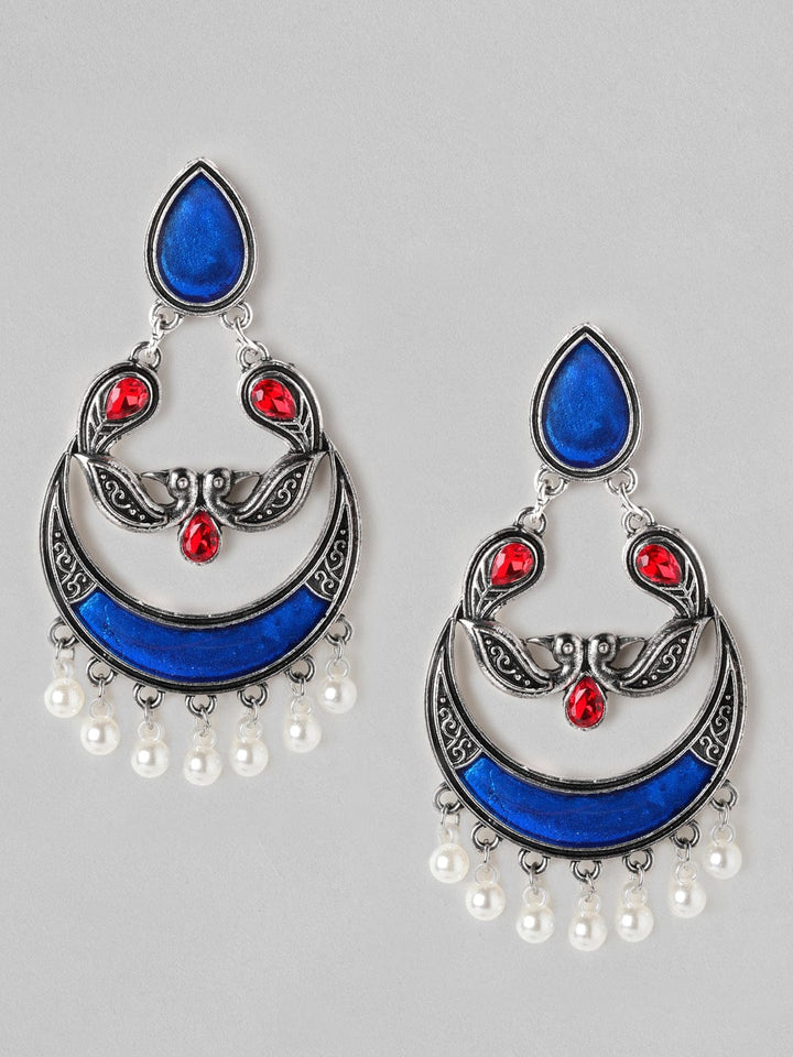 Rubans Silver Plated Oxidised Handcrafted Enamel Chandbali Earrings Earrings