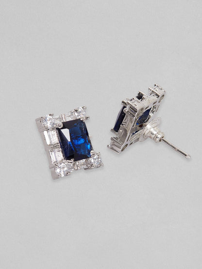 Rubans Silver Plated Square Stud Earrings With Blue And White AD&