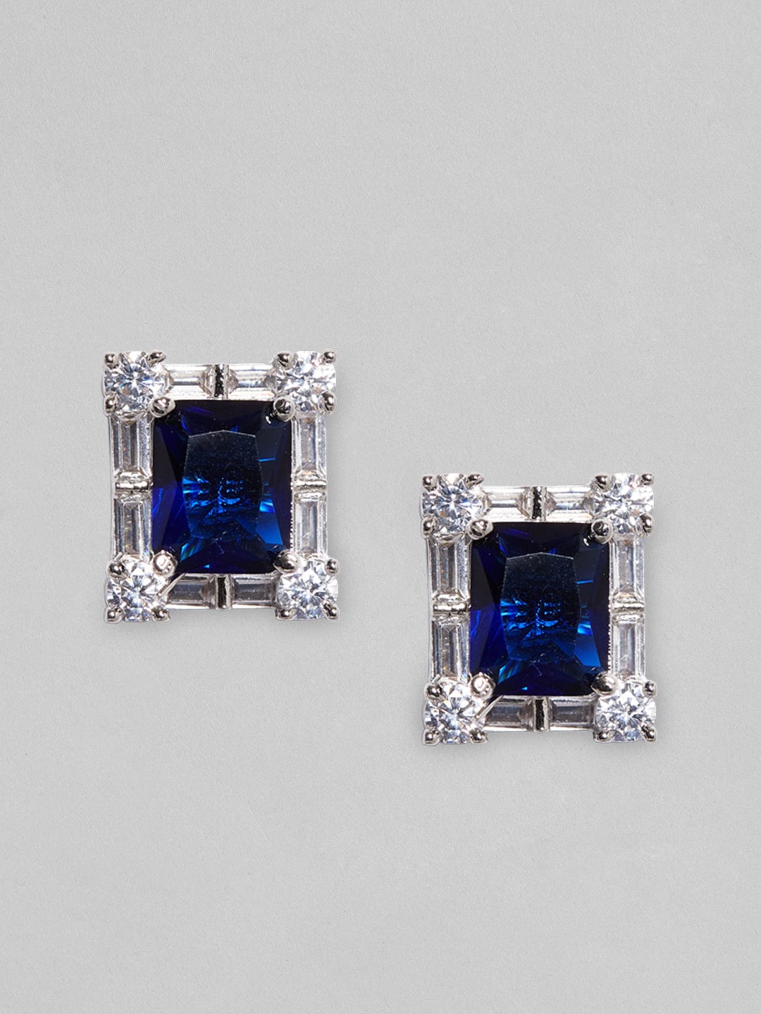 Rubans Silver Plated Square Stud Earrings With Blue And White AD&