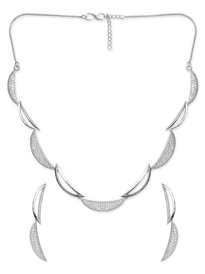 Rubans Silver Plated Zirconia Stone Studded Cresent Moon Shaped Necklace Set. Necklace Set
