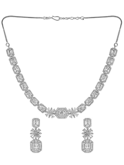Rubans Silver Plated Zirconia Stone Studded Handcrafted Necklace Set. Necklace Set