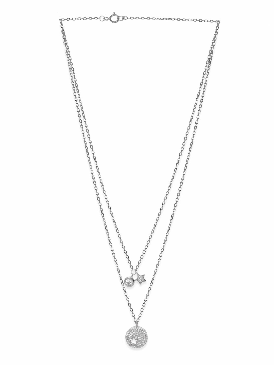 Rubans Silver Rhodium Plated 925 Sterling Silver Pave Zirconia Dainty Charms Layered Necklace Necklace