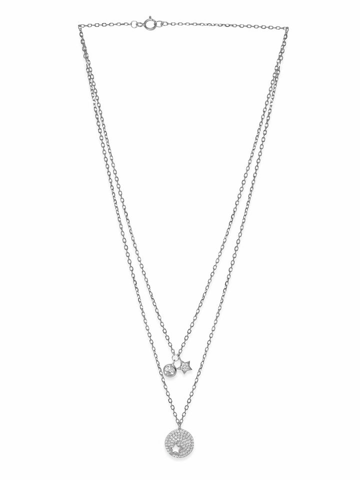 Rubans Silver Rhodium Plated 925 Sterling Silver Pave Zirconia Dainty Charms Layered Necklace Necklace