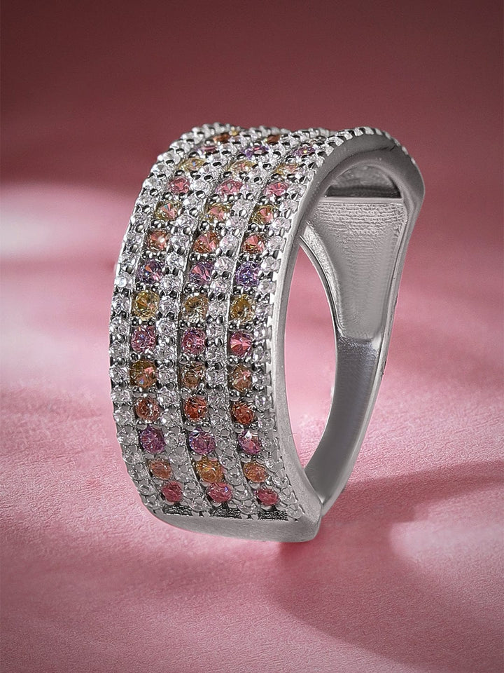 Rubans Silver Rhodium Plated Pastel & White Zirconia Pave Studded Rings Rings
