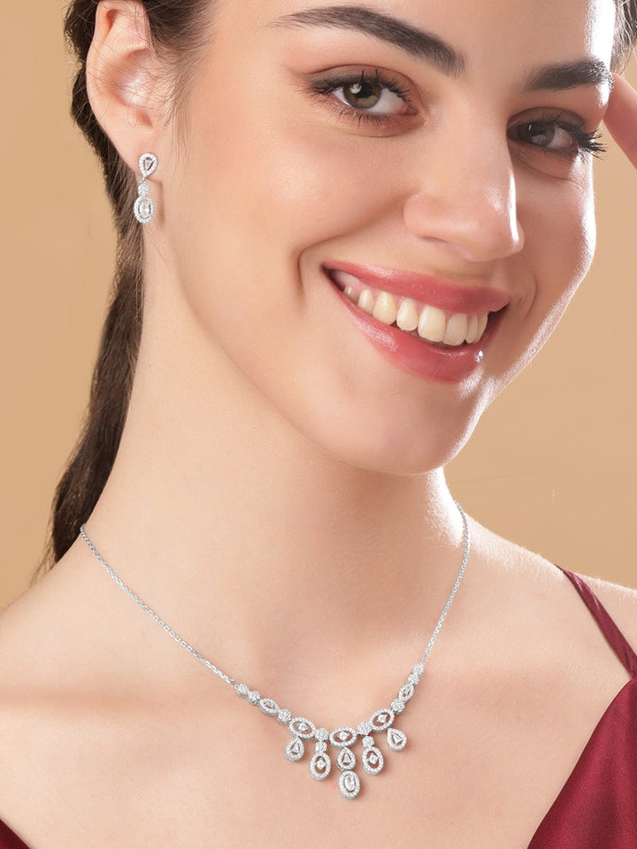 Rubans Silver Rhodium Plated Pave Zirconia Studded Minimal Dangle  Necklace Set Jewellery Sets
