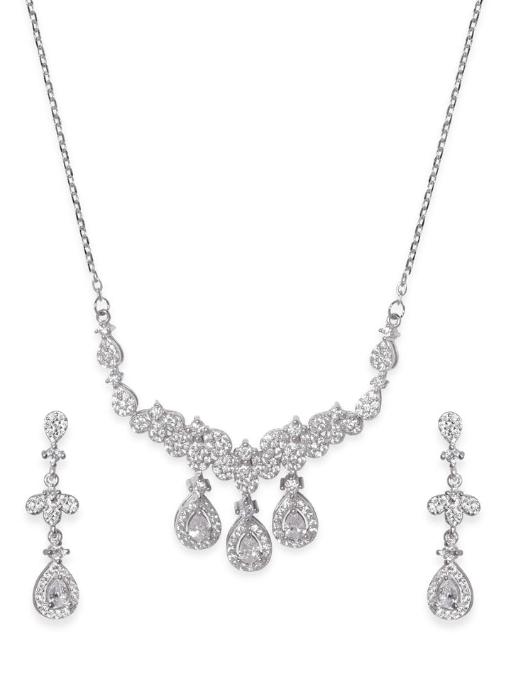 Rubans Silver Rhodium-Plated Zirconia Dainty Dangle Ethereal Sparkle Necklace Set Jewellery Sets