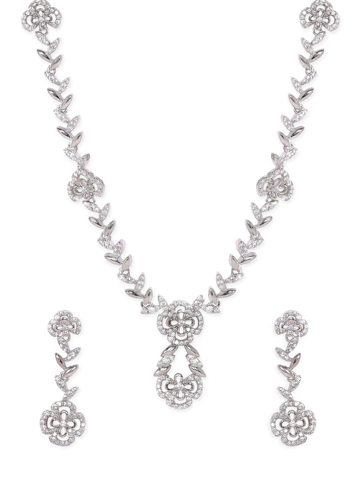 Rubans Silver Rhodium Plated Zirconia Studded Intricate Features Luxury Necklace Set Jewellery Sets