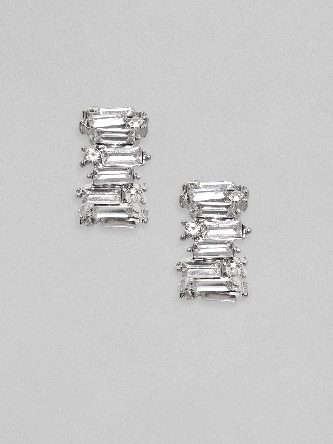 Rubans Silver Toned Baguette White Zircon Studded Dainty Hoop Earrings Earrings