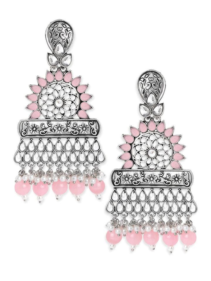 Rubans Silver Toned Contemprory Dropped Earrings with Pink Beads Earrings