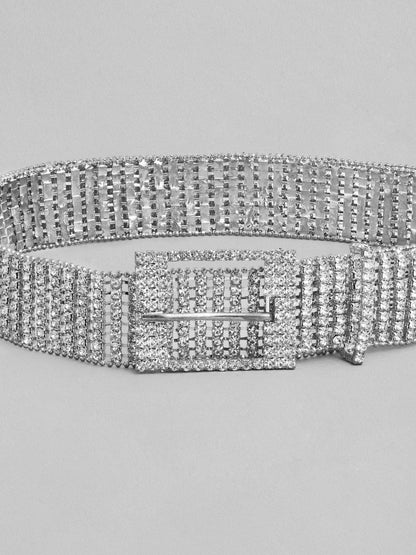 Rubans Silver Toned Handcrafted Zircon Stone Belt Belt