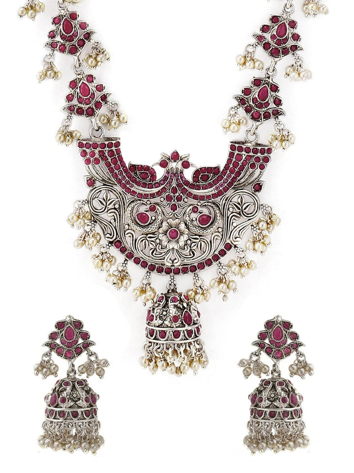 Rubans Silver Toned Pink Colour Stone Necklace Set Necklace Set