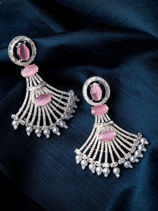 Rubans Silver-Toned &amp; Pink Contemporary Chandbalis Earrings