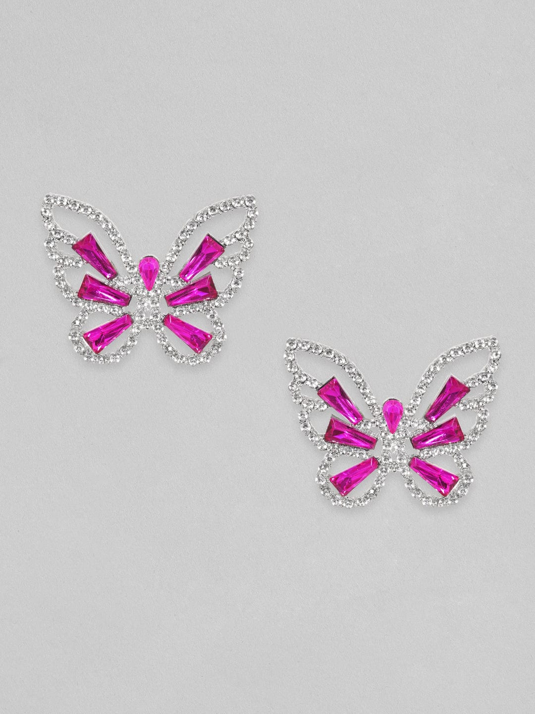 Rubans Silver Toned White &amp; Magenta Zircons Studded Butterfly Statement Earring Earrings