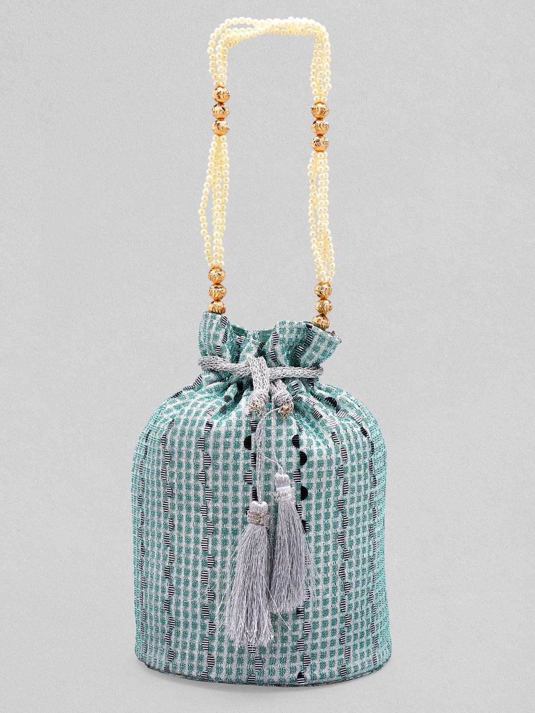 Rubans Sky Blue Coloured Potli Bag With Golden Embroidery Design Handbag &amp; Wallet Accessories