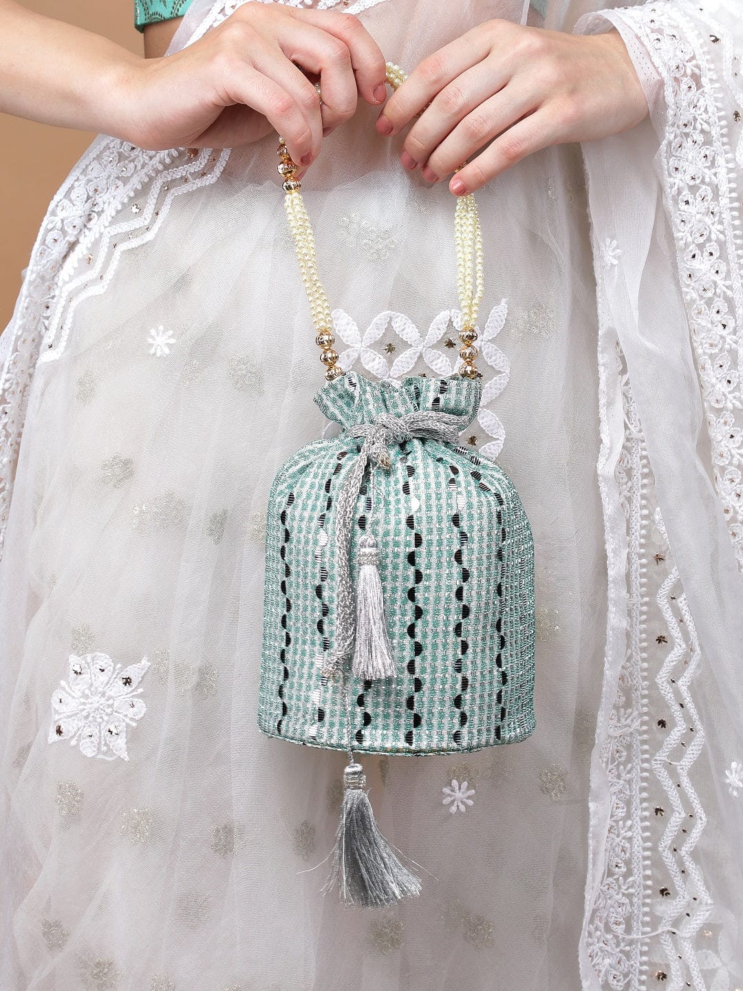 Rubans Sky Blue Coloured Potli Bag With Golden Embroidery Design Handbag & Wallet Accessories