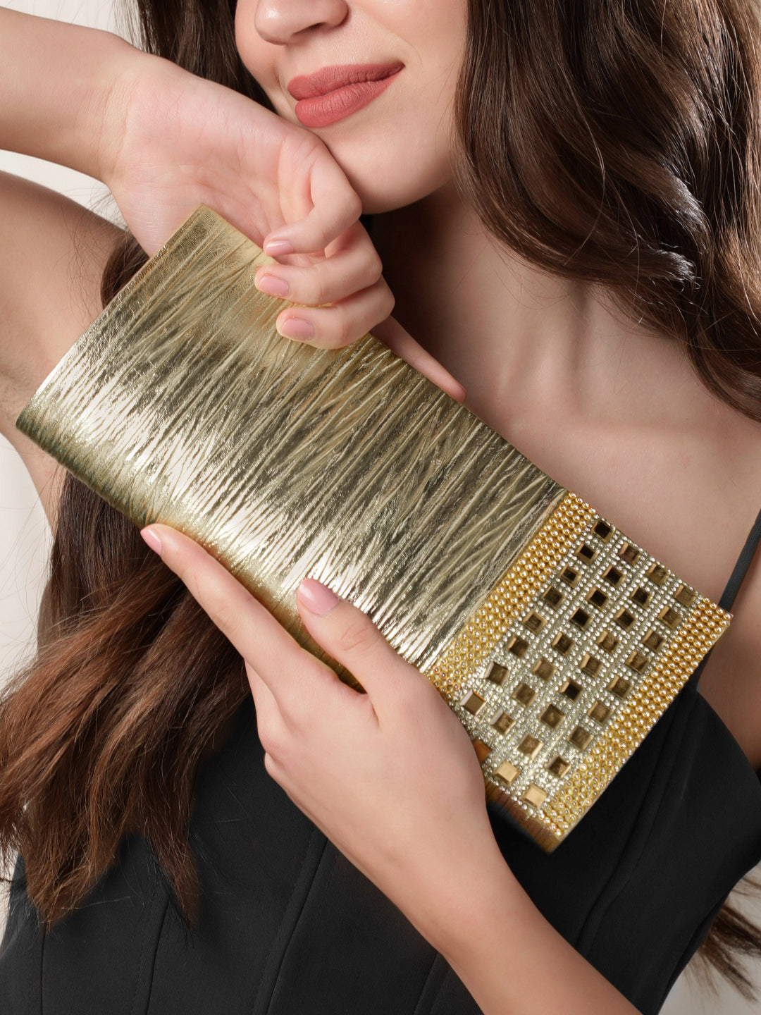 Rubans Stone-Studded Gold Clutch Handbag, Wallet Accessories & Clutches