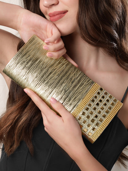 Rubans Stone-Studded Gold Clutch Handbag, Wallet Accessories &amp; Clutches