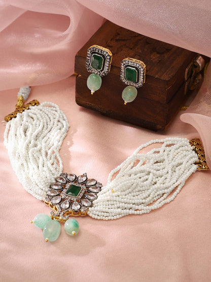 Rubans Studded Green and White Beads Choker Set. Necklace Set